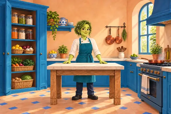 Rosemary welcomes you into a sunny kitchen with blue cabinets and peach walls